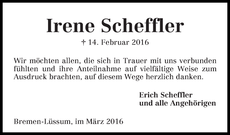 Traueranzeige von Irene Scheffler von Die Norddeutsche