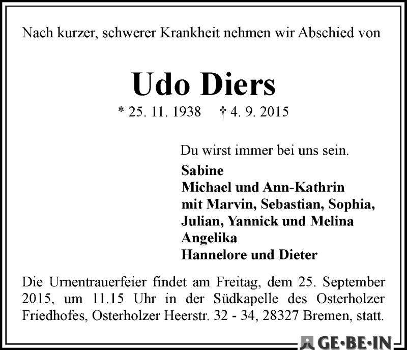 Traueranzeige von Udo Diers von WESER-KURIER