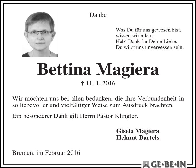  Traueranzeige für Bettina Magiera vom 26.02.2016 aus WESER-KURIER