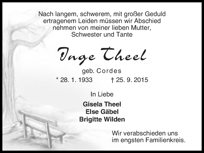 Traueranzeige von Inge Theel von Wuemme Zeitung