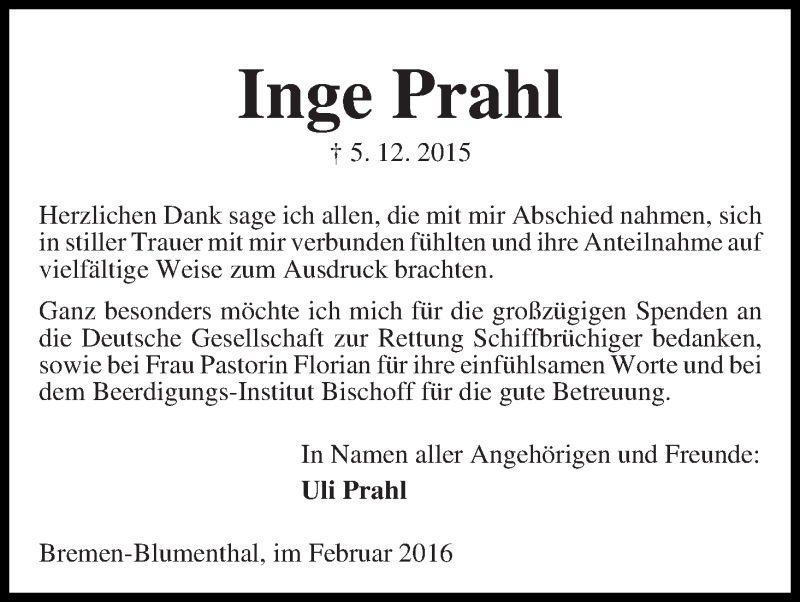 Traueranzeige von Inge Prahl von Die Norddeutsche