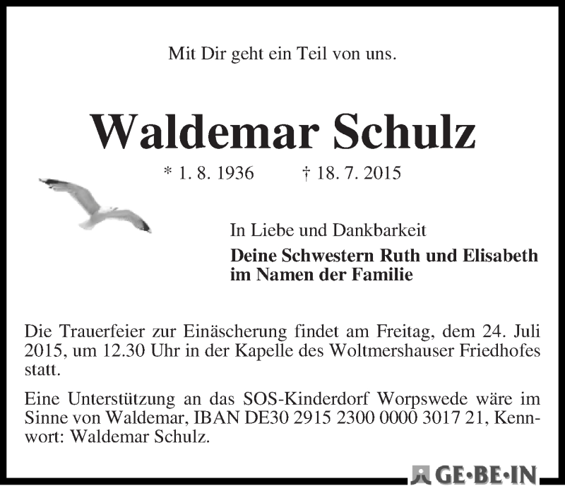 Traueranzeige von Waldemar Schulz von WESER-KURIER