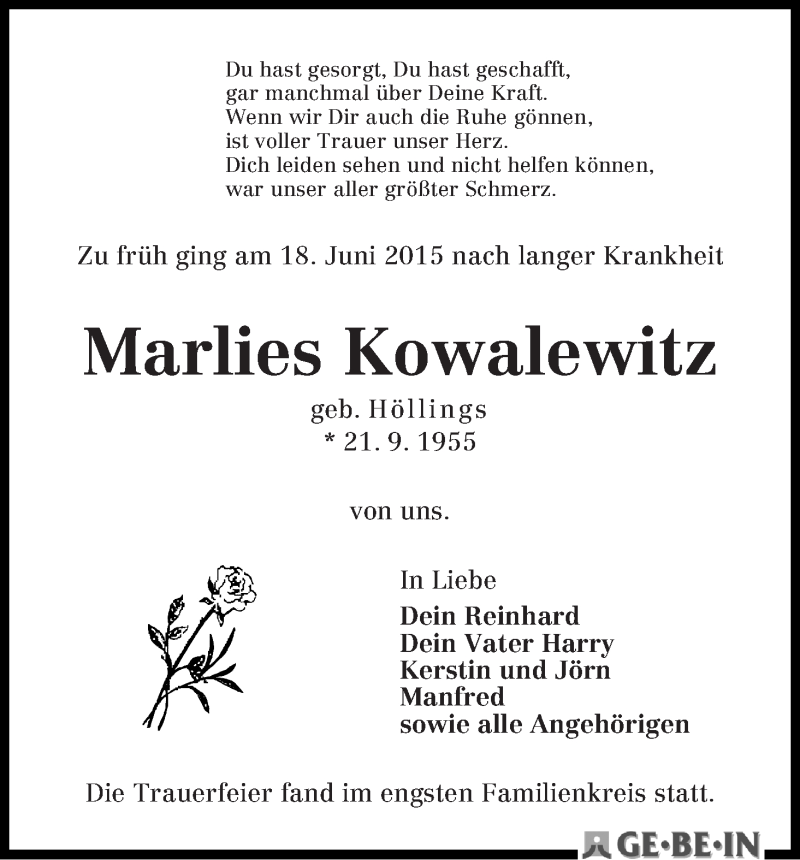 Traueranzeige von Marlies Kowalewitz von WESER-KURIER