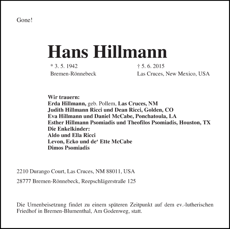  Traueranzeige für Hans Hillmann vom 13.06.2015 aus Die Norddeutsche