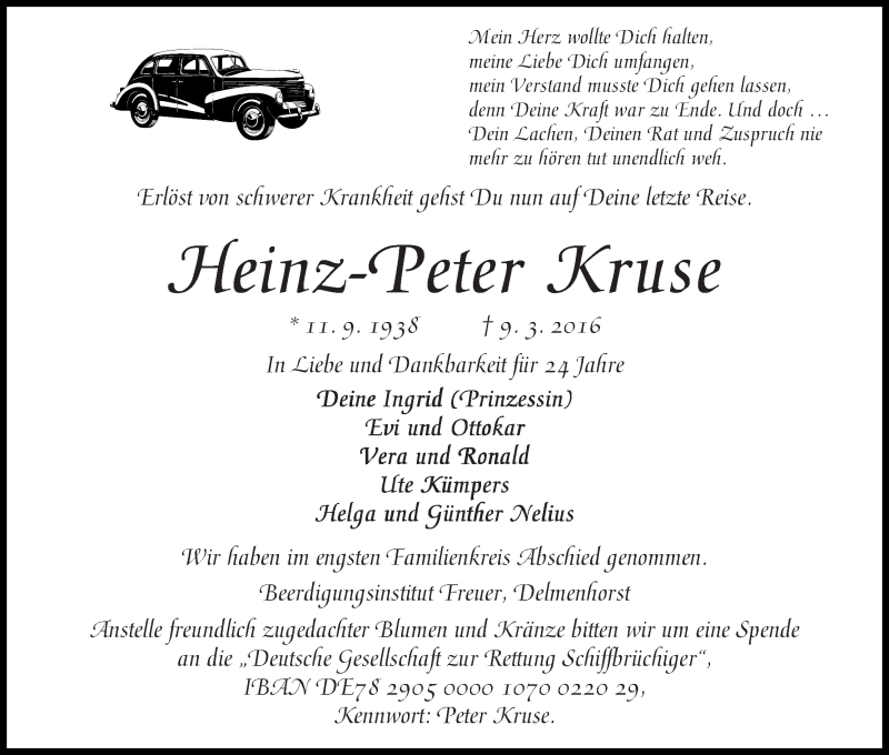 Traueranzeige von Heinz-Peter Kruse von WESER-KURIER