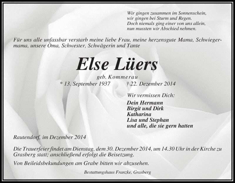 Traueranzeige von Else Lüers von Wuemme Zeitung