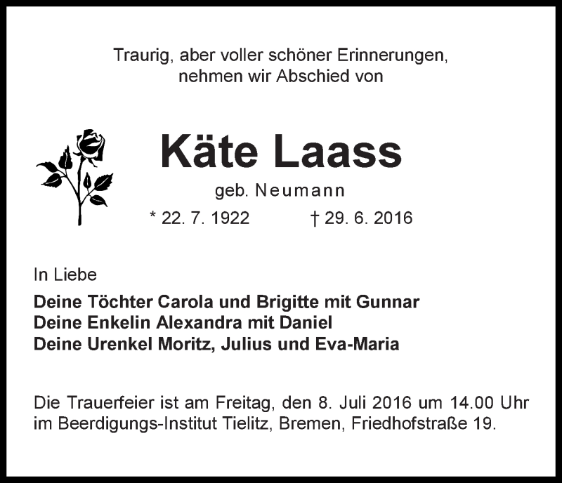 Traueranzeige von Käte Laass von WESER-KURIER