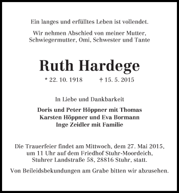 Traueranzeige von Ruth Hardege