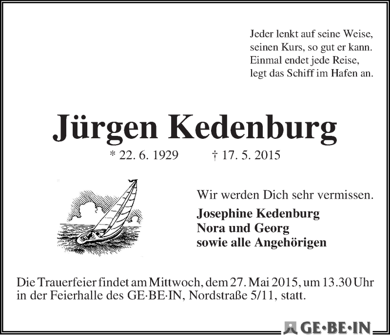 Traueranzeige von Jürgen Kedenburg von WESER-KURIER