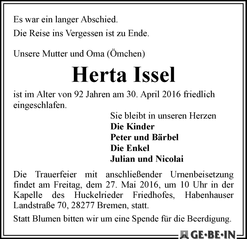 Traueranzeige von Herta Issel von WESER-KURIER