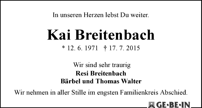  Traueranzeige für Kai Breitenbach vom 25.07.2015 aus WESER-KURIER