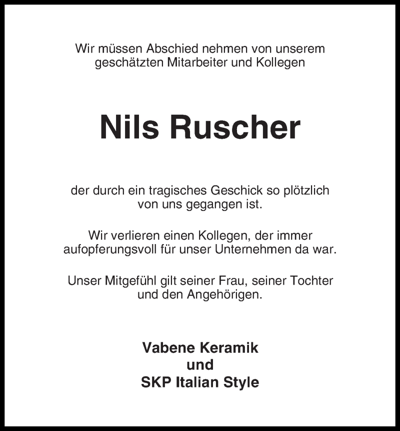  Traueranzeige für Nils Ruscher vom 18.02.2016 aus Regionale Rundschau/Syker Kurier
