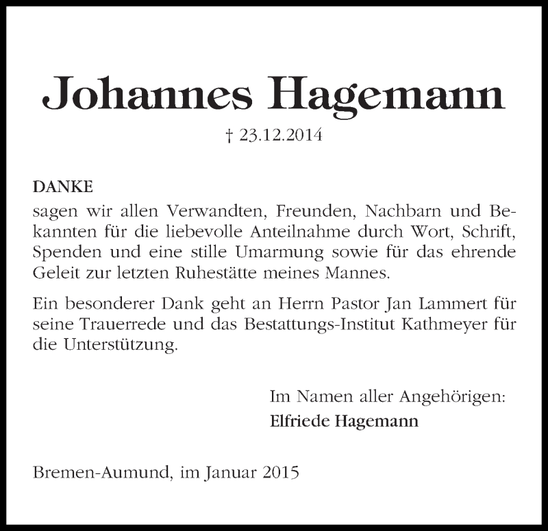 Traueranzeige von Johannes Hagemann von Die Norddeutsche