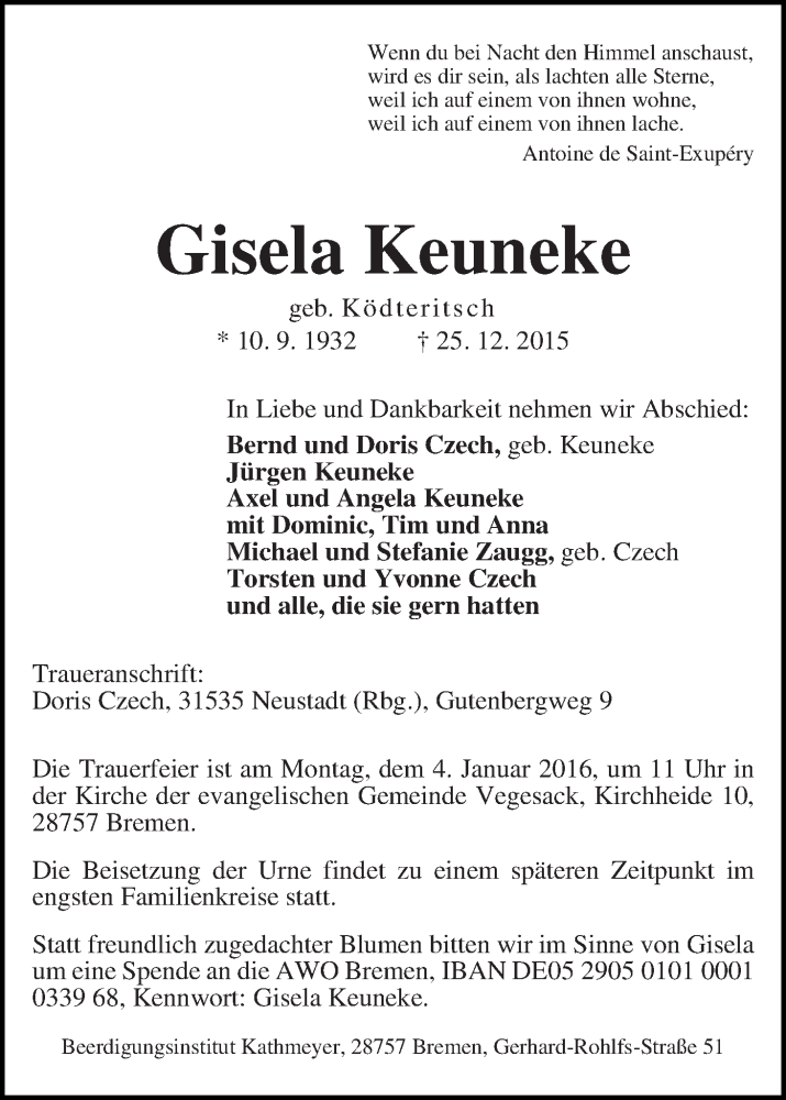 Traueranzeige von Gisela Keuneke von Die Norddeutsche