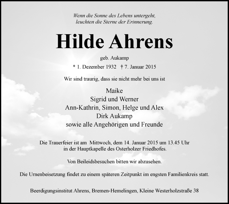  Traueranzeige für Hilde Ahrens vom 08.01.2015 aus WESER-KURIER
