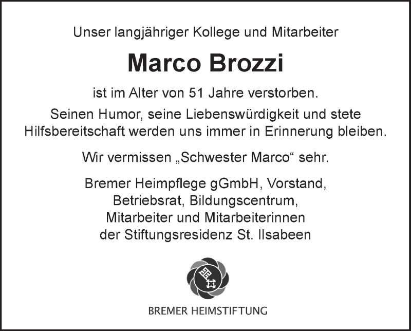 Traueranzeige von Marco Brozzi von Die Norddeutsche