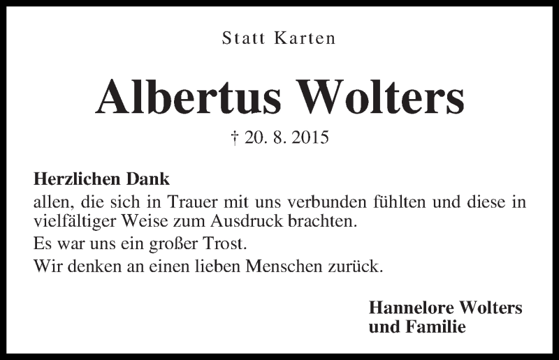 Traueranzeige von Albertus Wolters von WESER-KURIER