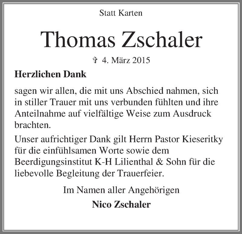  Traueranzeige für Thomas Zschaler vom 28.03.2015 aus Osterholzer Kreisblatt