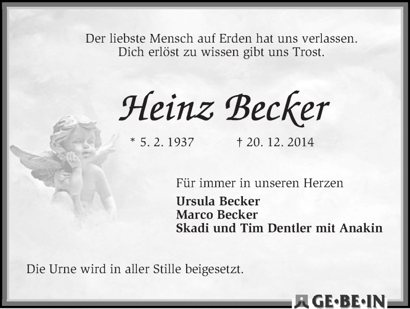 Traueranzeige von Heinz Becker von WESER-KURIER