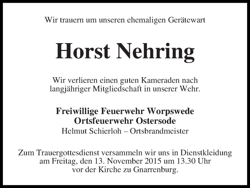 Traueranzeige von Horst Nehring von Wuemme Zeitung