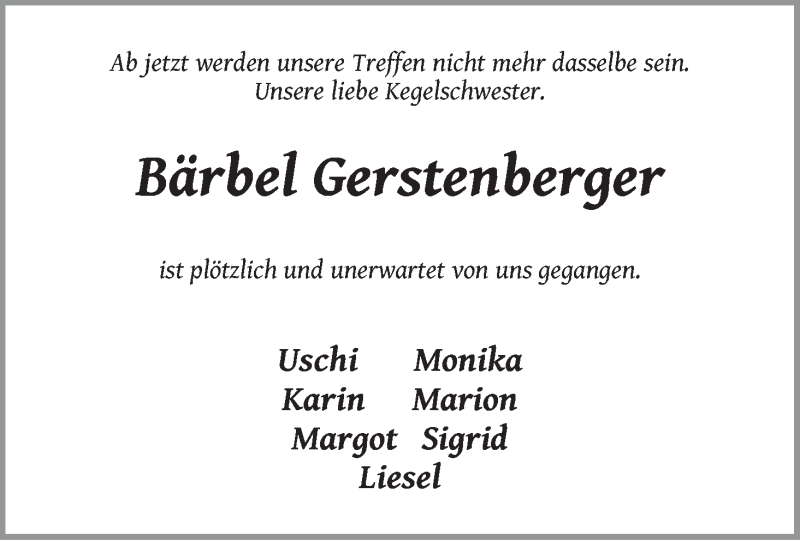 Traueranzeige von Bärbel Gerstenberger von Die Norddeutsche