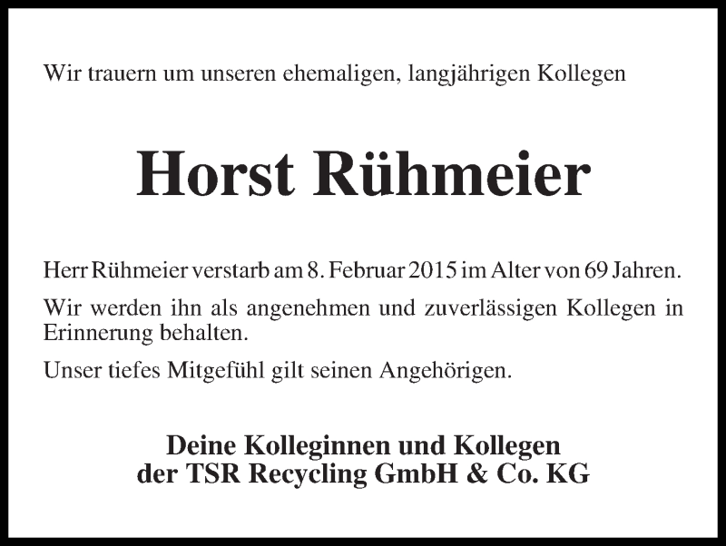 Traueranzeige von Horst Rühmeier von WESER-KURIER