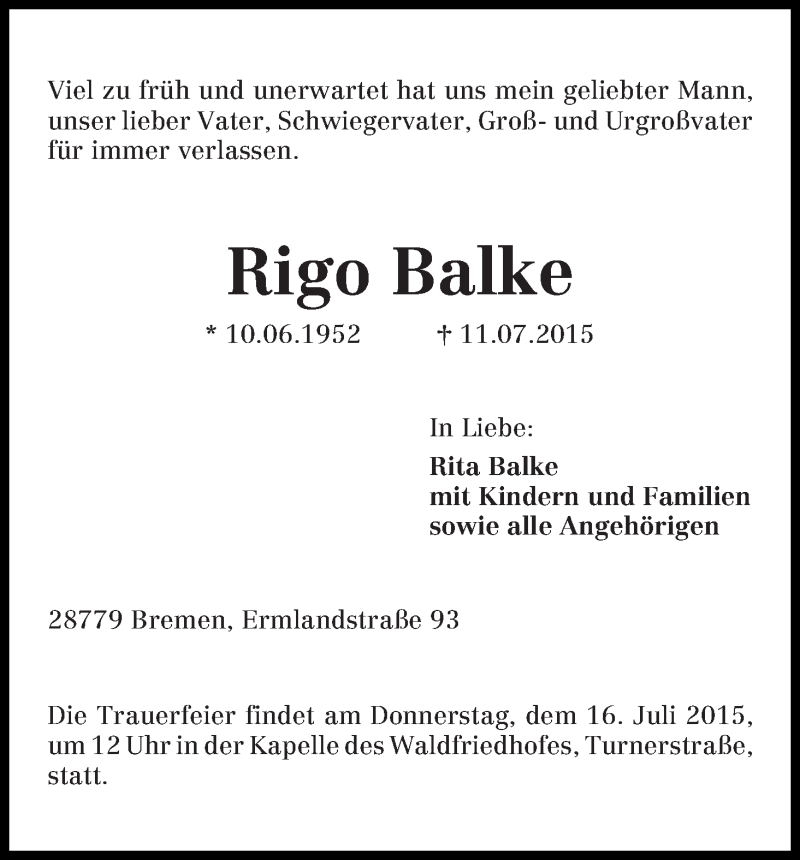 Traueranzeige von Rigo Balke von Die Norddeutsche