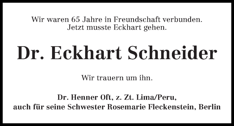 Traueranzeige von Eckhart Schneider von WESER-KURIER