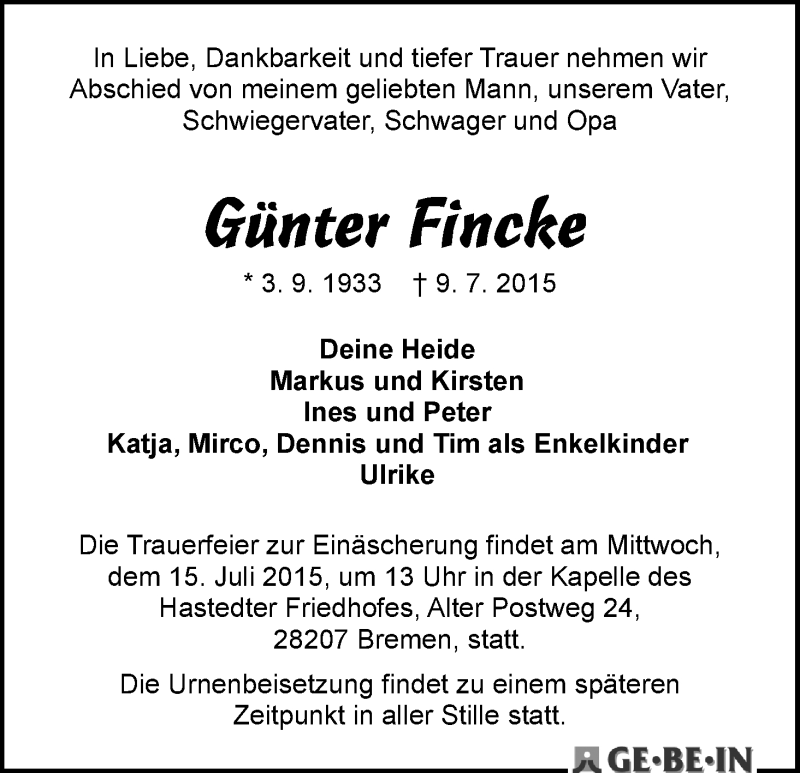  Traueranzeige für Günter Fincke vom 13.07.2015 aus WESER-KURIER
