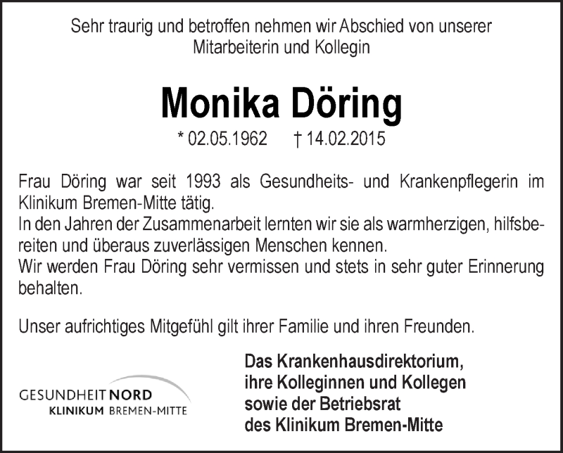 Traueranzeige von Monika Döring von WESER-KURIER