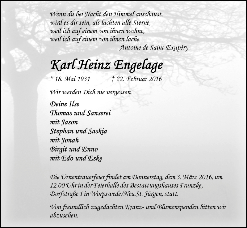 Traueranzeige von Karl Heinz Engelage von Wuemme Zeitung