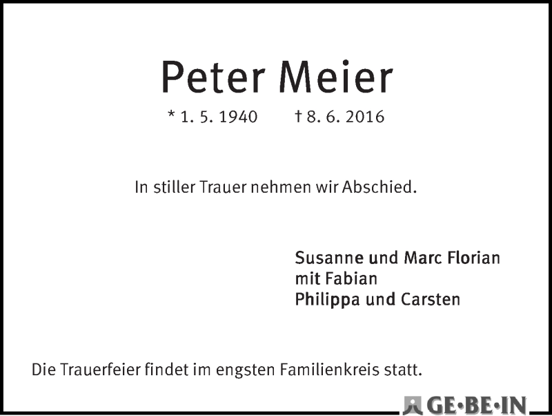  Traueranzeige für Peter Meier vom 15.06.2016 aus Osterholzer Kreisblatt
