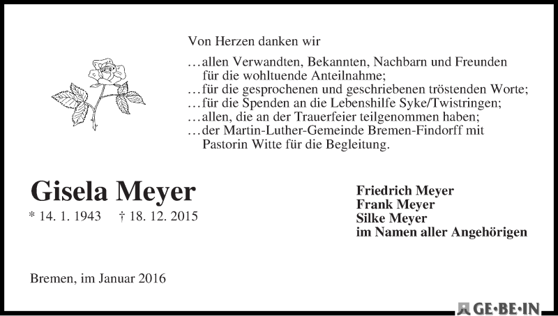 Traueranzeige von Gisela Meyer von WESER-KURIER