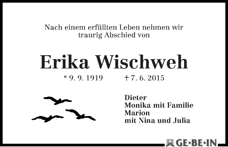 Traueranzeige von Erika Wischweh von WESER-KURIER