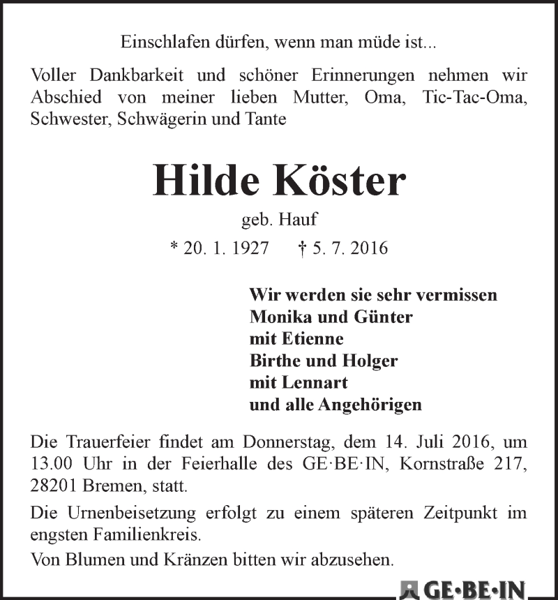  Traueranzeige für Hilde Köster vom 09.07.2016 aus WESER-KURIER