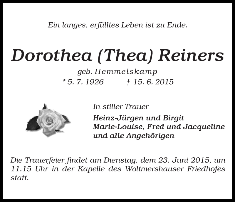 Traueranzeige von Dorothea (Thea) Reiners von WESER-KURIER