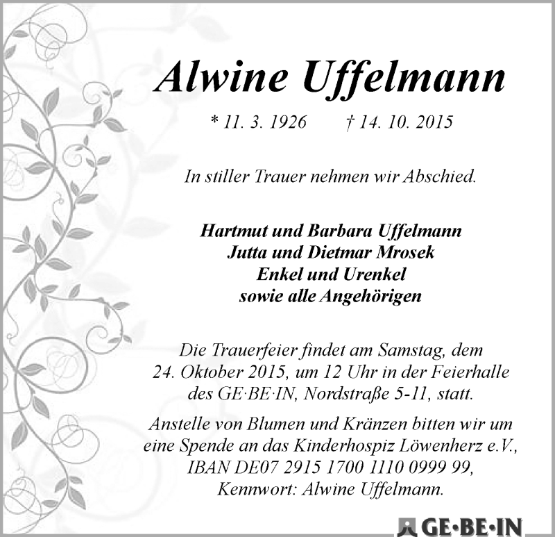 Traueranzeige von Alwine Uffelmann von WESER-KURIER