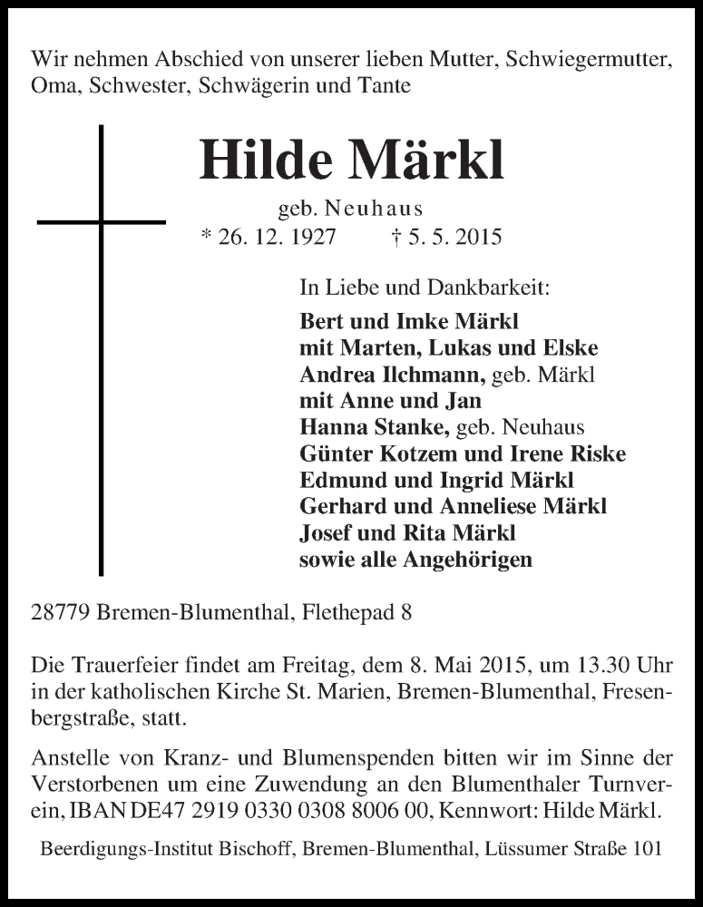 Traueranzeige von Hilde Märkl von Die Norddeutsche