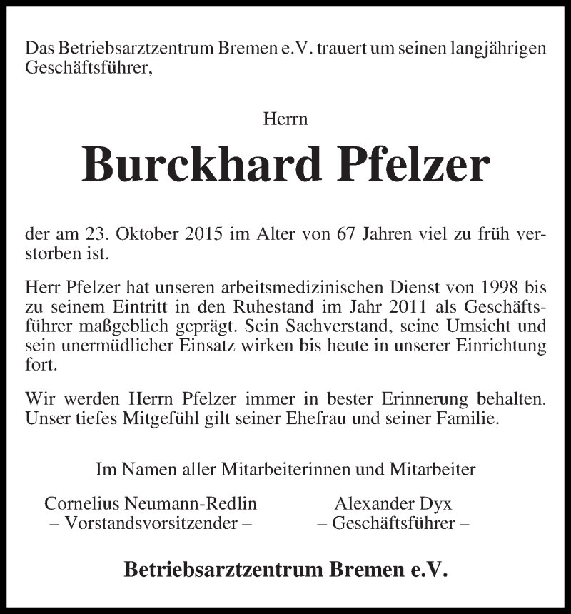 Traueranzeige von Burckhard Pfelzer von WESER-KURIER