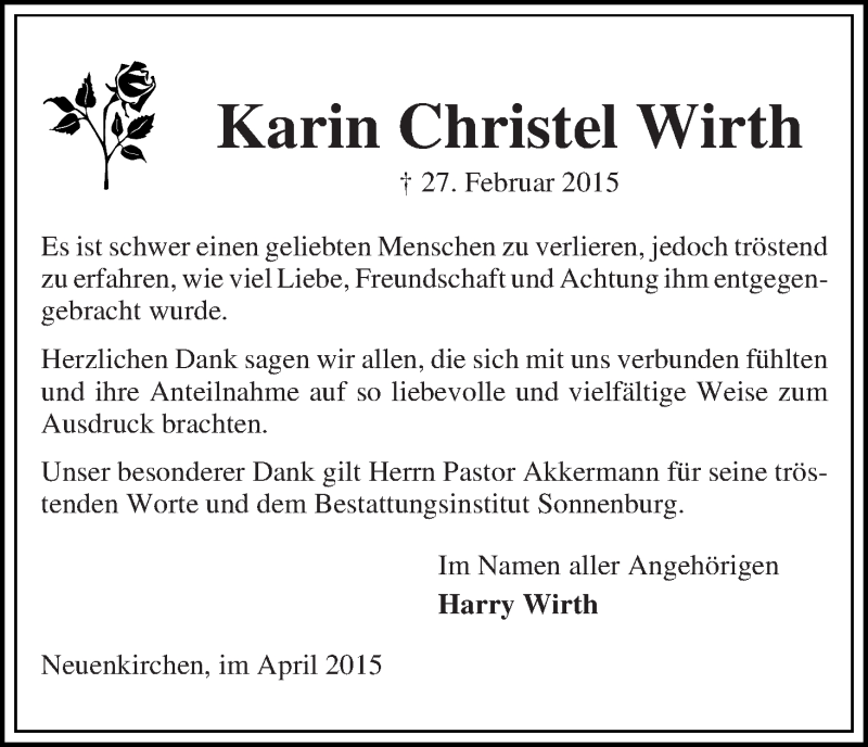 Traueranzeige von Karin Christel Wirth von Die Norddeutsche