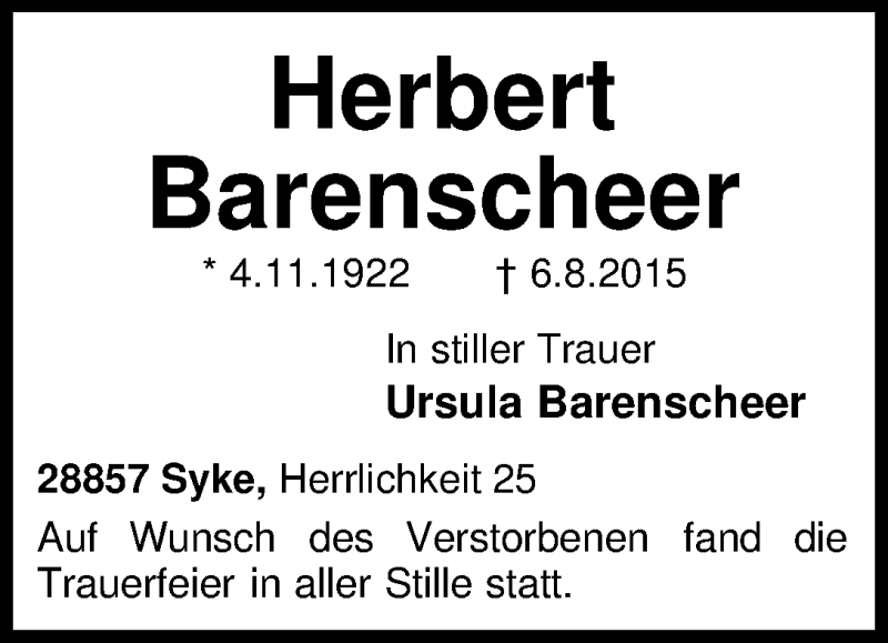 Traueranzeige von Herbert Barenscheer von WESER-KURIER