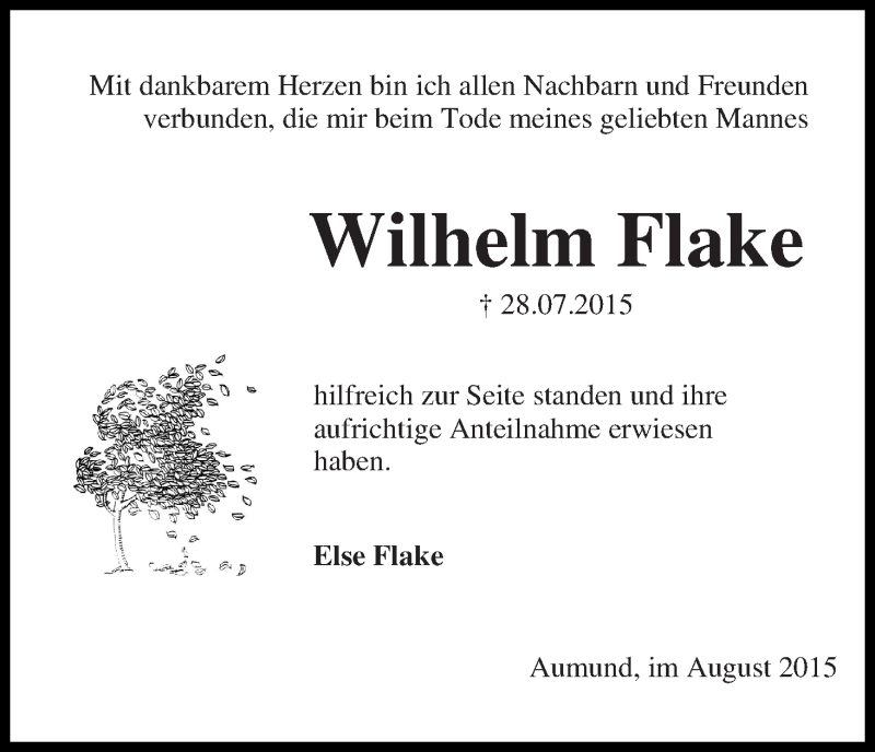 Traueranzeige von Wilhelm Flake von Die Norddeutsche
