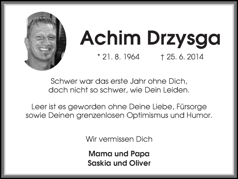  Traueranzeige für Achim Drzysga vom 25.06.2015 aus WESER-KURIER