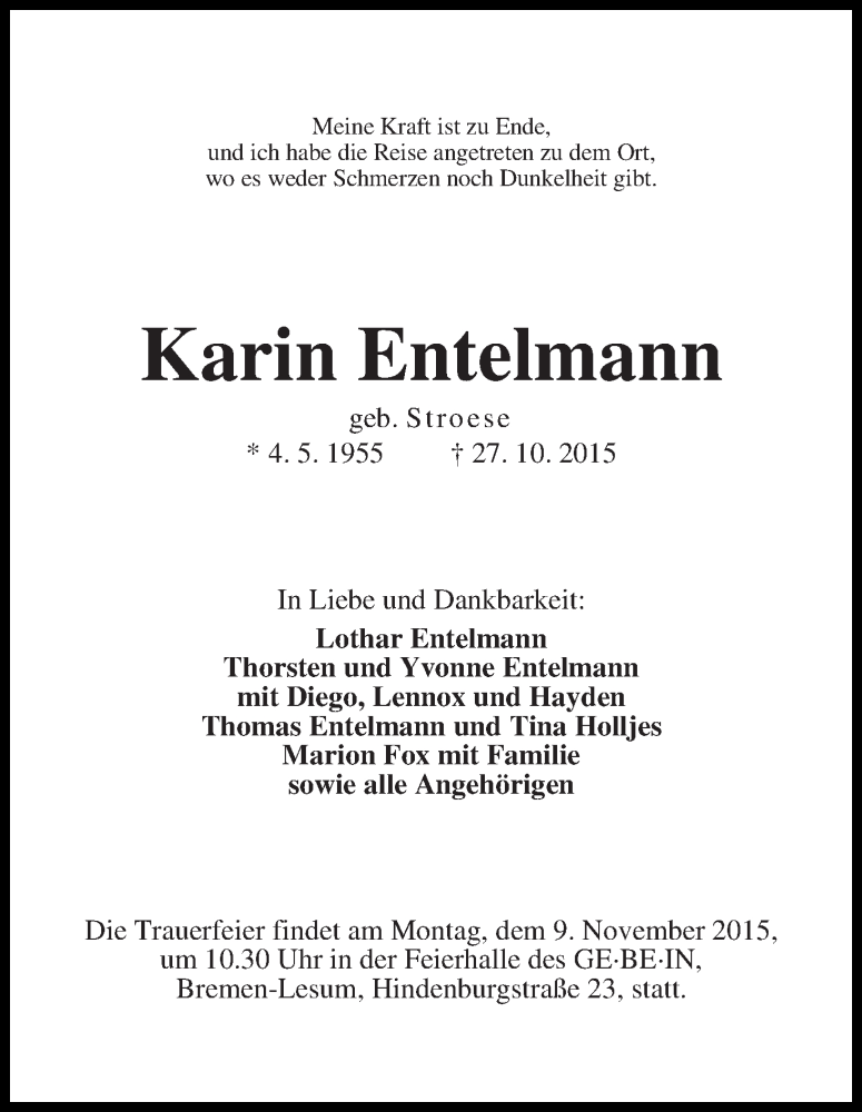 Traueranzeige von Karin Entelmann von Die Norddeutsche