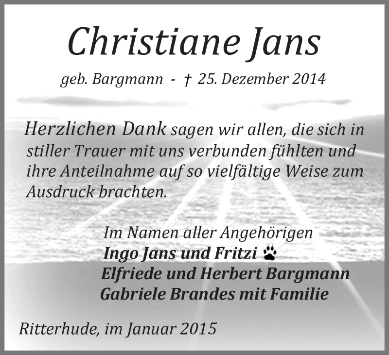  Traueranzeige für Christiane Jans vom 24.01.2015 aus Osterholzer Kreisblatt