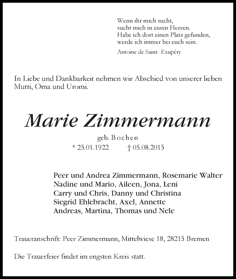 Traueranzeige von Marie Zimmermann von WESER-KURIER