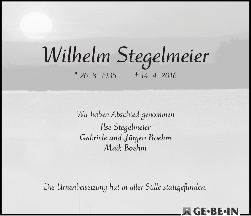 Traueranzeige von Wilhelm Stegelmeier von WESER-KURIER