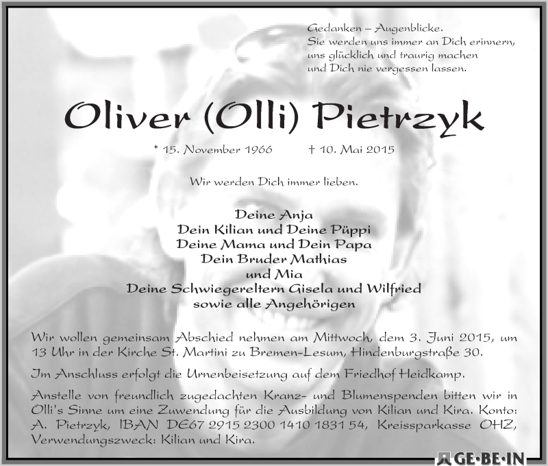  Traueranzeige für Oliver (Olli) Pietrzyk vom 23.05.2015 aus WESER-KURIER