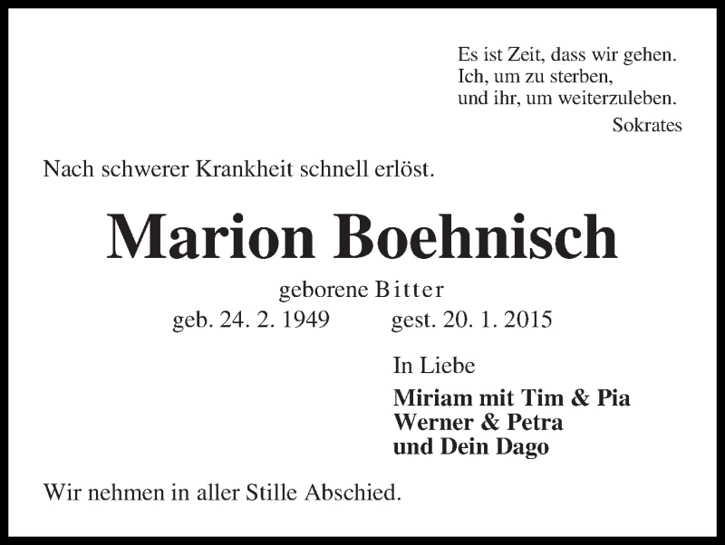 Traueranzeige von Marion Boehnisch von WESER-KURIER