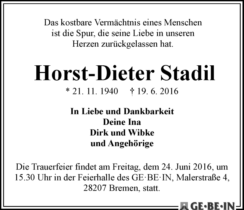 Traueranzeige von Horst-Dieter Stadil von WESER-KURIER